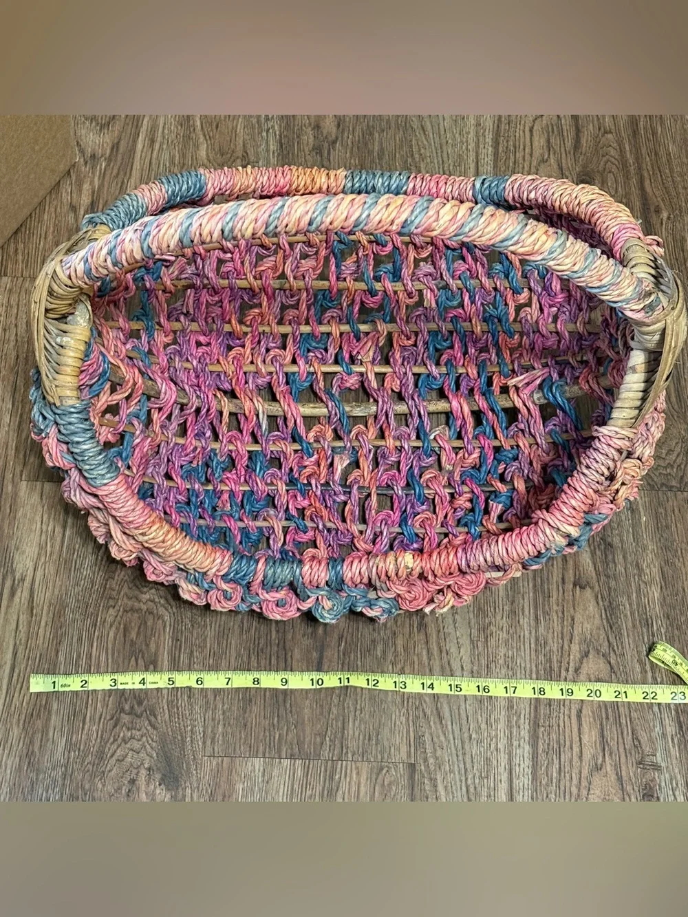 Large Colorful Woven Boho Boat Basket Pink Purple Teal and Tan  22” x 18” x 14”